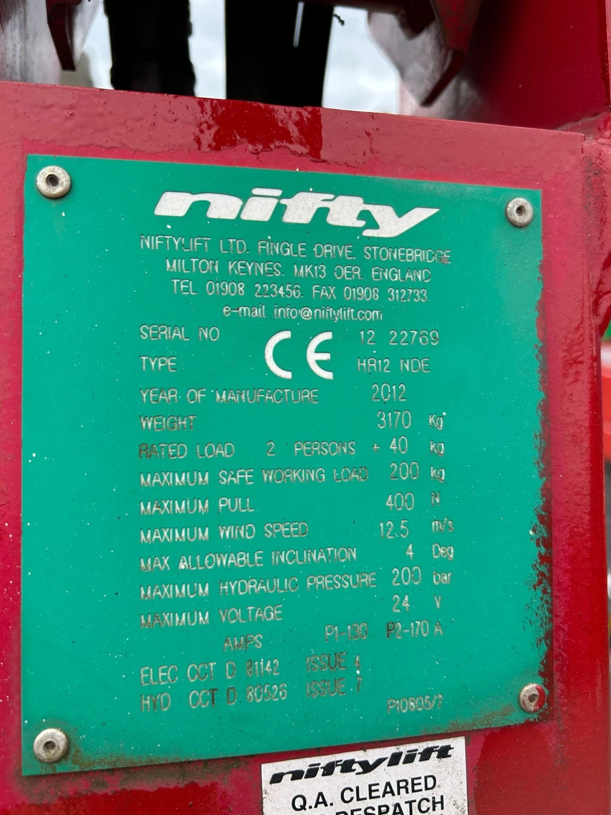 2012 Nifty HR12 Boom Lift, Cherry Picker, Scissor Lift, Skyjack, Genie, JLG - three-quarter view 2
