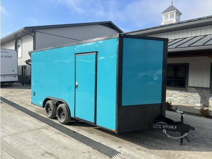 2026 Quality Cargo 8.5x16 Enclosed Trailer 7000 GVW - True Blue Blackout, Rear Wing, 7ft Height - front view