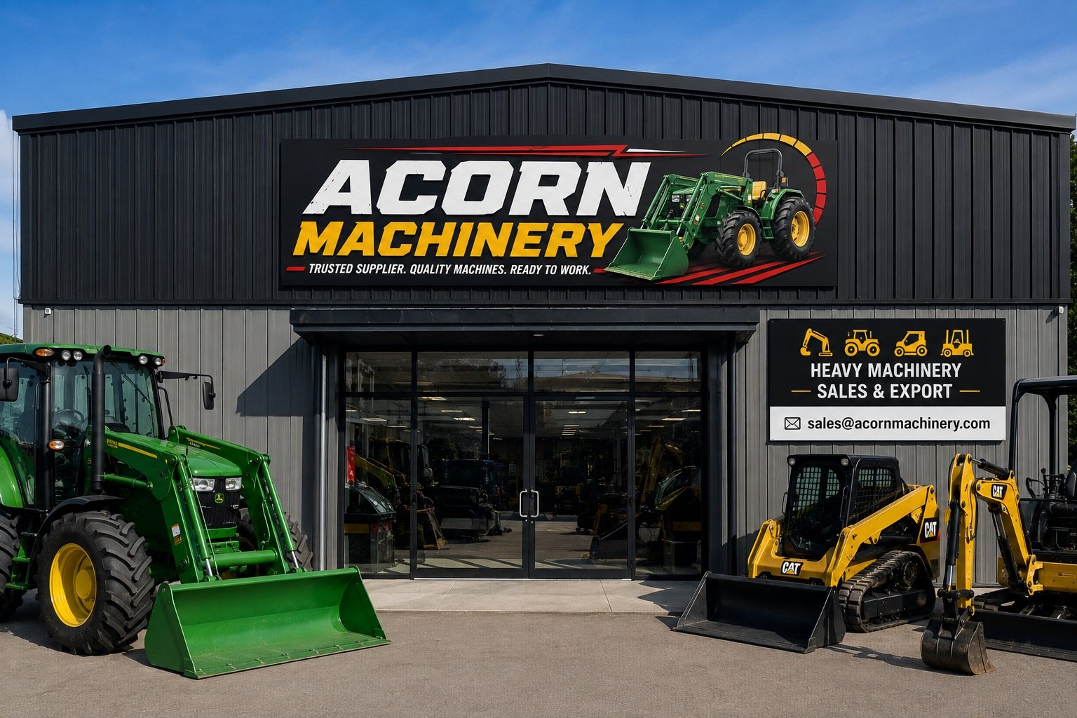The Acorn Machinery showroom in Piscataway, New Jersey, with a John Deere tractor, Cat skid steer and Cat mini excavator outside