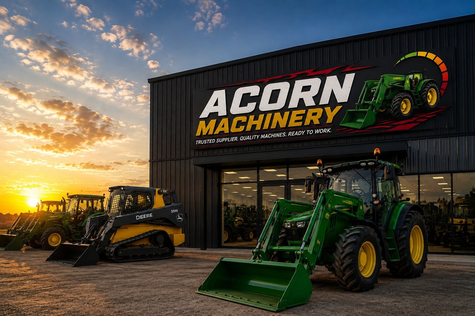 John Deere tractors and a Deere 331G track loader on the forecourt at Acorn Machinery